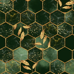 Marble hexagon seamless texture with golden leaves. Abstract background