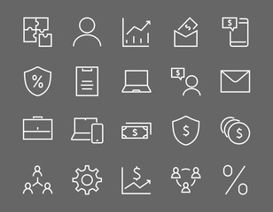 Set of business vector line icons. It contains user symbols, dollar pictograms, gears, briefcase, puzzles,