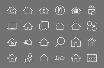 Simple set of line vector home icons. Contains house symbols at interest, infuse house and more. Editable stroke. 480x480 pixels perfect.