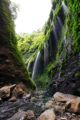 The scenery of the long exposure of the Madakaripura waterfall with a beautiful green foliage in Java island, Indonesia.