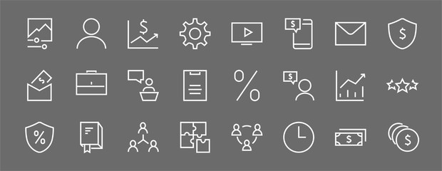Set of business vector line icons. It contains user symbols, dollar pictograms, gears, briefcase, puzzles,