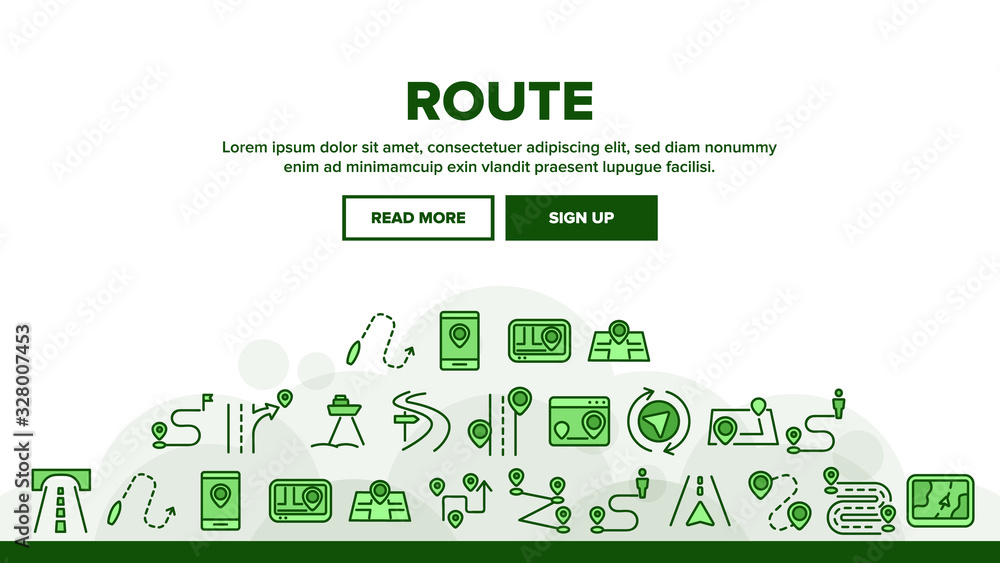 Poster route gps navigator landing web page header banner template vector. route direction, electronic map 