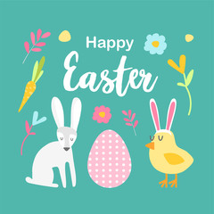 Obraz na płótnie Canvas Rabbit, chicken with hare ears, pink polka dots and lettering happy easter on a green background. Cute square hand drawn flat postcard. Easter gift message.