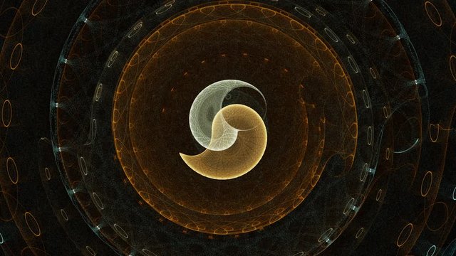 Abstract spiral particle animation evolves slowly then fades to black	