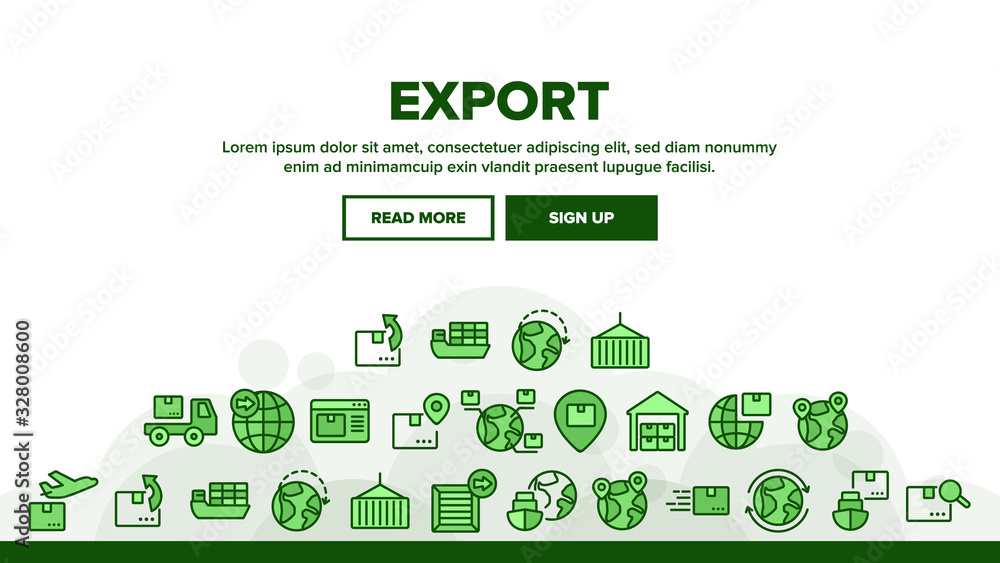 Poster export global logistic landing web page header banner template vector. truck cargo and ship with con