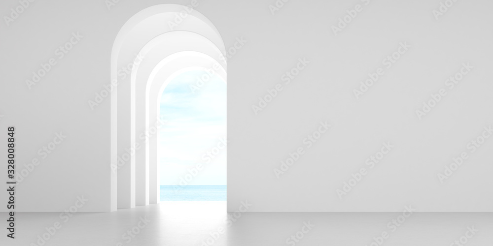 Leinwandbilder View of empty room in minimal style with arch design,curve details,The sun light cast shadow on the concrete floor on sea view background. 3d rendering.	