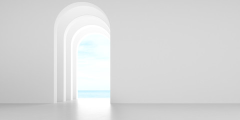 View of empty room in minimal style with arch design,curve details,The sun light cast shadow on the concrete floor on sea view background. 3d rendering.	