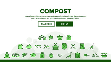 Compost Ground Soil Landing Web Page Header Banner Template Vector. Agricultural Organic Compost In Bag And Cart, Growing Plant In Pot And Worm Illustration