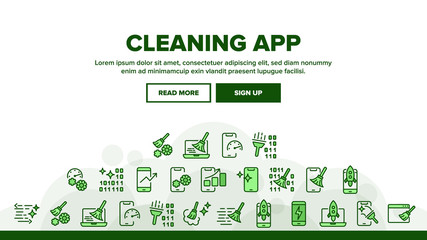 Cleaning Application Landing Web Page Header Banner Template Vector. Binary Code And Rocket On Screen, Mechanism Gear And Broom Cleaning App Illustration