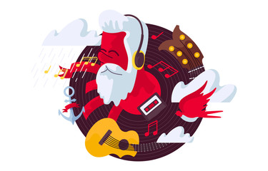 Man in headphones with beard and stylish haircut listening to the music. Person enjoys melody of acoustic guitar.