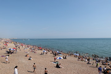 beach with umbrellas and lounges