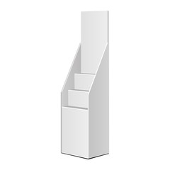 Cardboard Retail Shelves Floor Display Rack For Supermarket Blank Empty. Mock Up. 3D On White Background Isolated. Ready For Your Design. Product Advertising. Vector EPS10