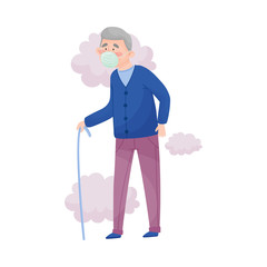 Senior Man Wearing Safety Mask Because of Bad Air and Dust Vector Illustration