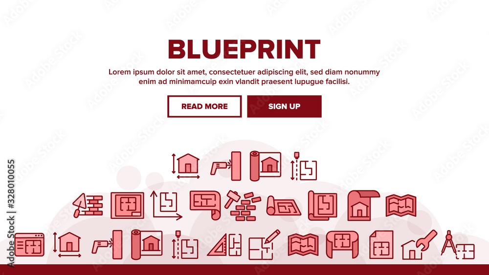 Poster blueprint architecture landing web page header banner template vector. house project on blueprint, b