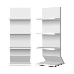 Mockup Cardboard Retail Shelves Floor Display Rack For Supermarket Blank Empty. Mock Up. 3D On White Background Isolated. Ready For Your Design. Product Advertising. Vector EPS10