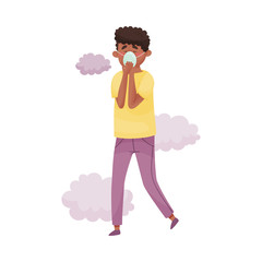 Young Man Walking Wearing Safety Mask Because of Bad Air and Dust Vector Illustration