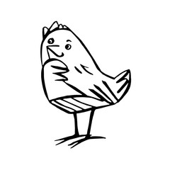 The chicken stands in thought. Monochrome vector illustration in line art style. Hand drawn. On white background.