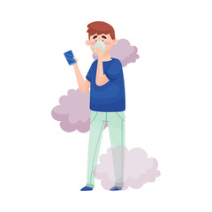 Young Man Walking Wearing Safety Mask Because of Bad Air and Dust Vector Illustration
