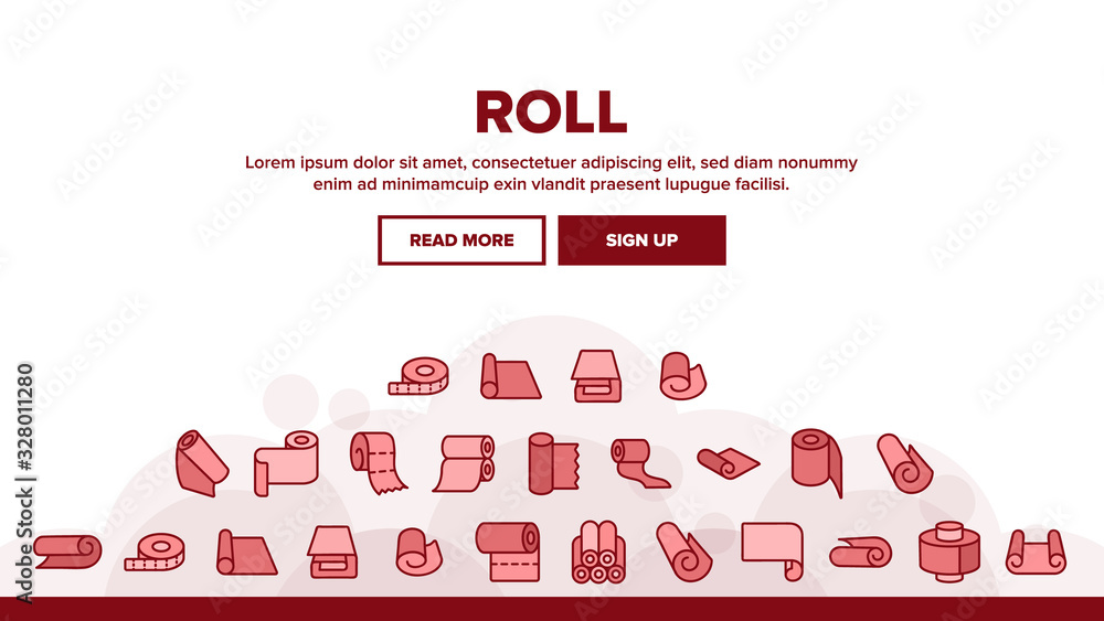 Aufkleber roll and reel material landing web page header banner template vector. toilet paper and textile roll