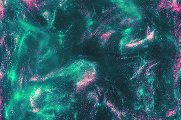 Abstract elegant, trendy detailed mint and pink glitter particles flow with shallow depth of field...