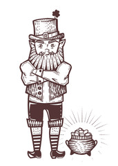 Leprechaun with a pot of coins, engraving