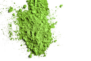 Green powder, matcha green tea  powder isolated on white background - 328011647