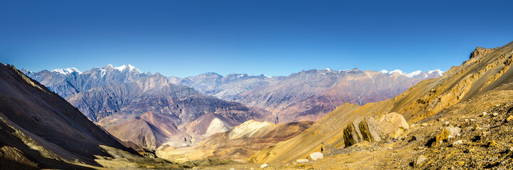 Panoramic view of the Kali Gandaki river valley in sunny day. View from trekking route from Thorung...