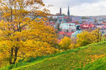 City of Gothenburg  seen behind a hill in autumn