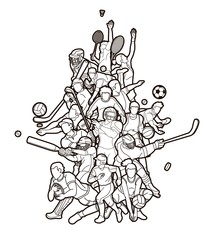 Sports Mix Sport players action Cricket Basketball Baseball Rugby Ice Hockey Volleyball Golf Football Soccer Badminton cartoon graphic vector