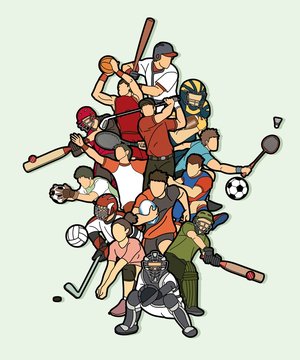 Sports Mix Sport players action Cricket Basketball Baseball Rugby Ice Hockey Volleyball Golf Football Soccer Badminton cartoon graphic vector