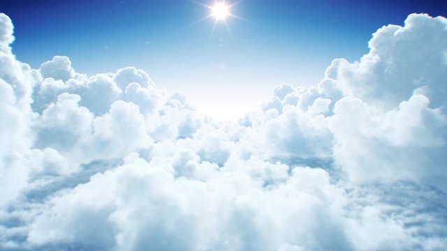 Scenic Flight Through the Beautiful Clouds with the Shining Bright Sun Daylight Seamless. Flying Above the Realistic Endless Cloudscape Under the Afternoon Sun Looped 3d Animation. 4k UHD 3840x2160