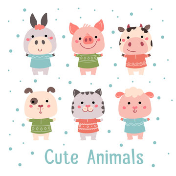 Hand drawn characters goat pig cow sheep cat dog. For cards, invitations, baby clothes, posters and prints