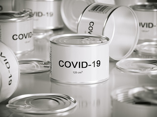 several white tin cans with covid-19 title and bokeh effect, 3d rendering
