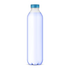 Mockup Plastic Clean Bottle Full, Filled With Blue Cap. Soft Drink. Disposaple. Mock Up Template. Illustration Isolated On White Background. Ready For Your Design. Product Packaging. Vector EPS10