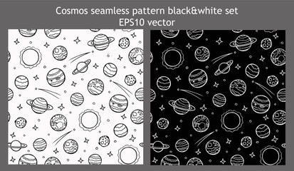 Set of cosmos seamless patterns. Black and white galaxy background for banners, wrappers, scrapbooking paper. Hand drawn doodle planets and stars of the solar system. Stock vector illustration.