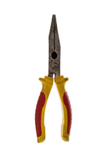 Old tools. Pliers with plastic handles isolated on a white background