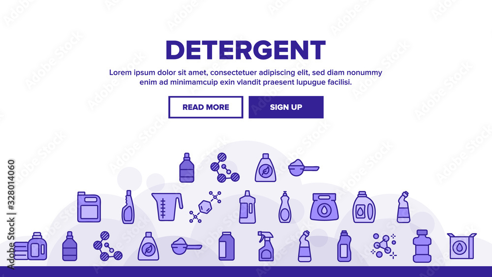 Poster detergent cleaning landing web page header banner template vector. detergent molecular formula and p