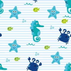 Tapeten Meerestiere Süße Meeresvektortiere unter Wasser. Cartoon nahtlose Muster auf einem farbigen Hintergrund für Hintergründe Oberflächenstrukturen Tapeten Muster