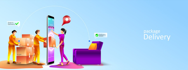 Fast online delivery service package to living room at home by courier. Women receive a package appear from screen phone by courier at home. Vector illustration