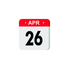 Calendar day 26 April, days of the year. Red and white calendar icon. Vector illustration. EPS10