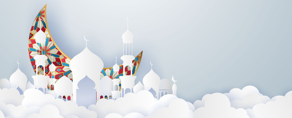 Ramadan kareem 2020 background. Paper cut vector illustration with mosque and moon, place for text greeting card and banner - obrazy, fototapety, plakaty