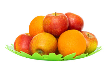 Naklejka na ściany i meble Apples and oranges on a green plate isolated on white background