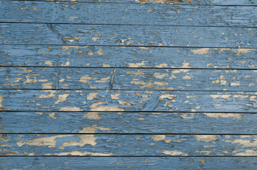 Old blue vintage wooden wall with cracked paint layer. Old painted wood planks. Horizontal wooden planks detailed grunge background texture.