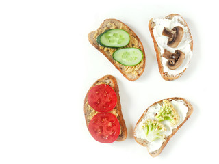 Sandwiches with vegetables and fruits. Vegan. Healthy diet. Copy space.
