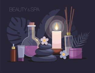 Spa composition with bottles of cosmetics, hot stones, candle and flowers on dark background. Tropical spa resort concept.