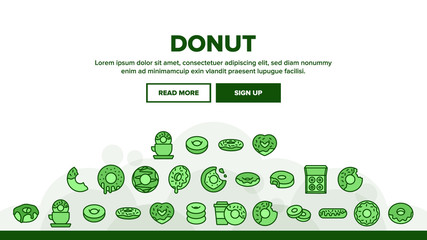 Donut Sweet Breakfast Landing Web Page Header Banner Template Vector. Donut With Caramel And Chocolate, Coconut Flakes And Jam, Coffee And Tea Cup Illustration