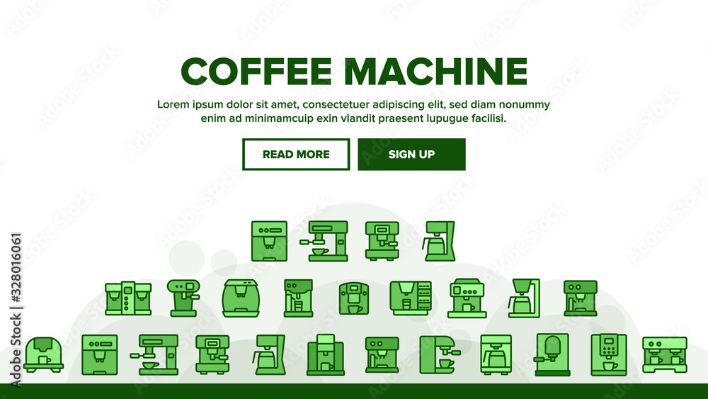 Poster coffee machine device landing web page header banner template vector. professional and domestic make