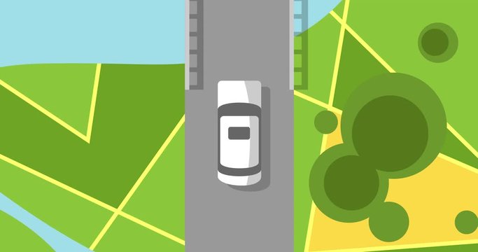 The car moves forward on the map. Seamless loop. GPS navigator. Navigation map. Moving a white car on a color map. Looped animation. GPS navigation concept. 4K, HD, SD resolution. GPS tracking.