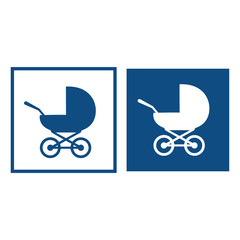 Fototapeta na wymiar Baby stroller. The symbol is located in a square frame. Vector blue icons.