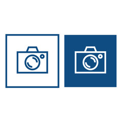 Camera outline. The symbol is located in a square frame. Vector blue icons.